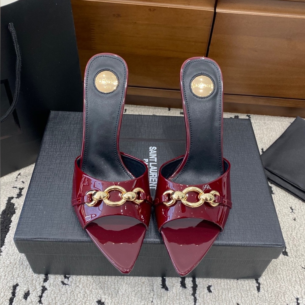 Saint Laurent Women's Inspired Patent Burgundy Mule with Gold Chain